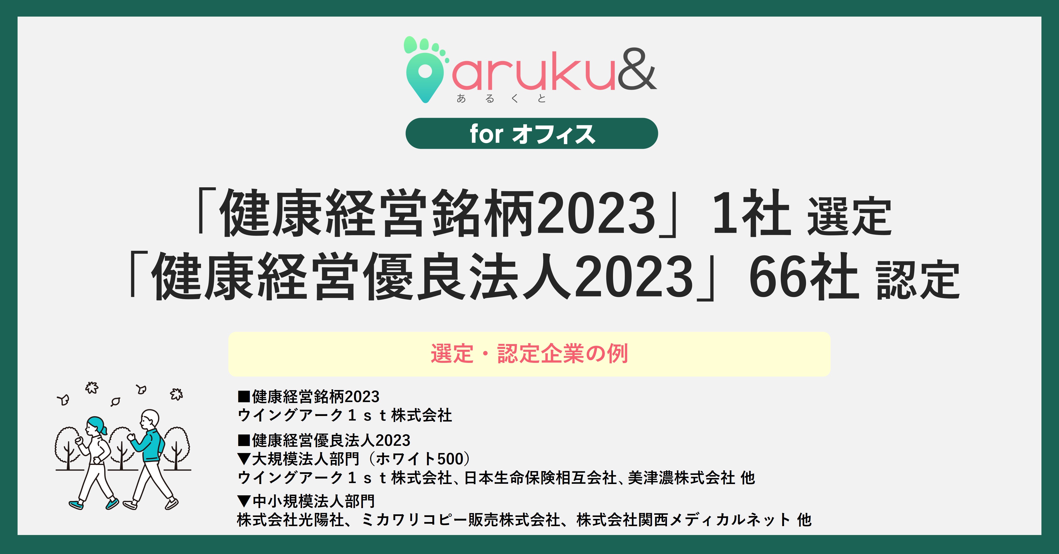 ウォーキングアプリ「aruku&」、導入企業1社が「健康経営銘柄2023」、66社が「健康経営優…